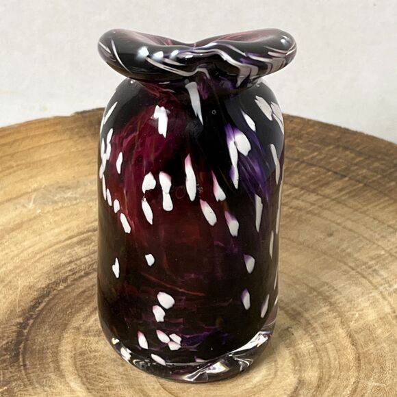 Stunning Art Glass Squatty Jack In The Pulpit Vase Purple Swirl White Speckle - Picture 5 of 6